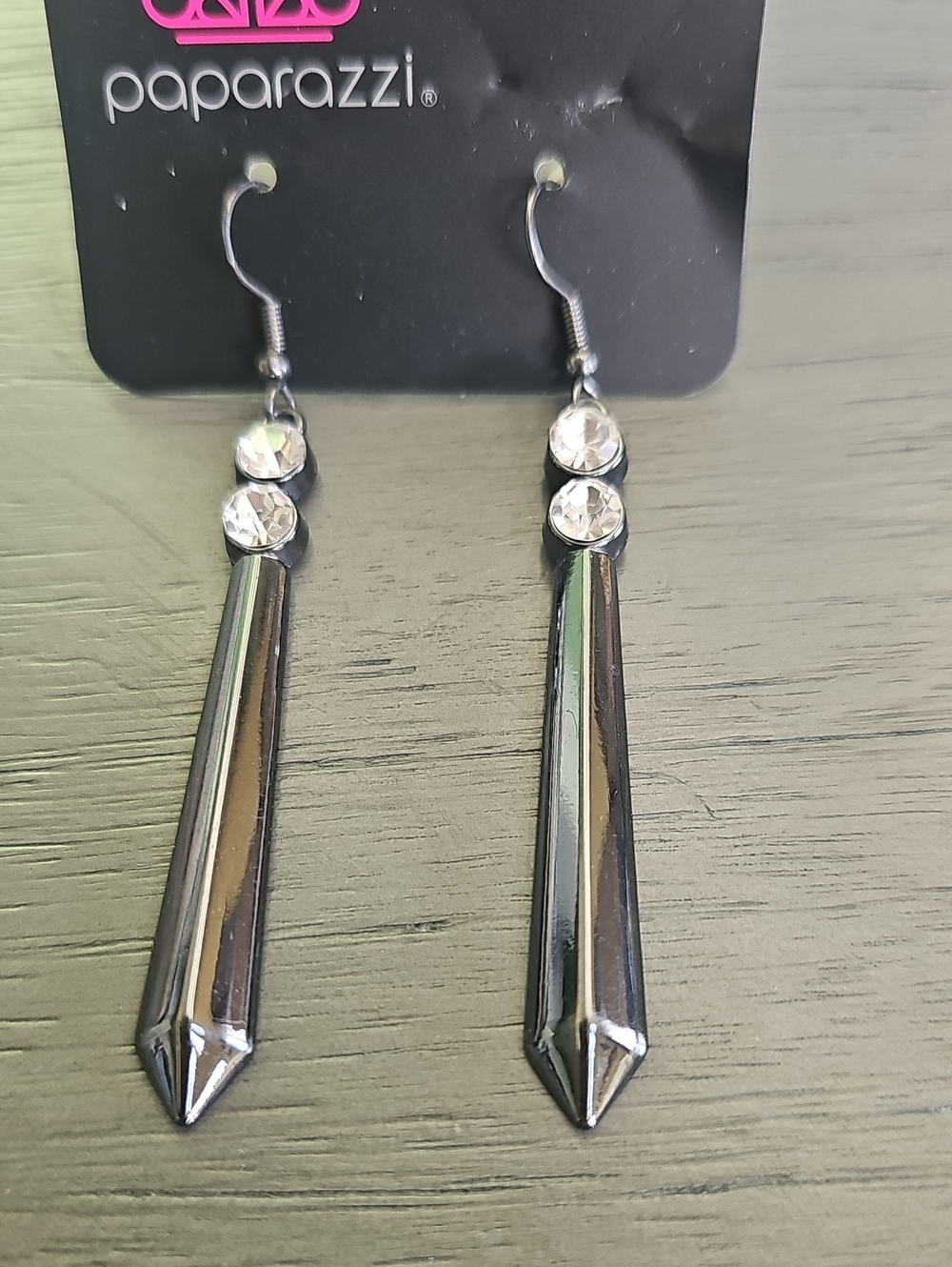 paparazzi Gunmetal Spike Drop Earrings with Clear Crystals